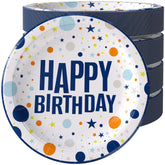 9 In. Blue Birthday Print Paper Plates | 100 Count